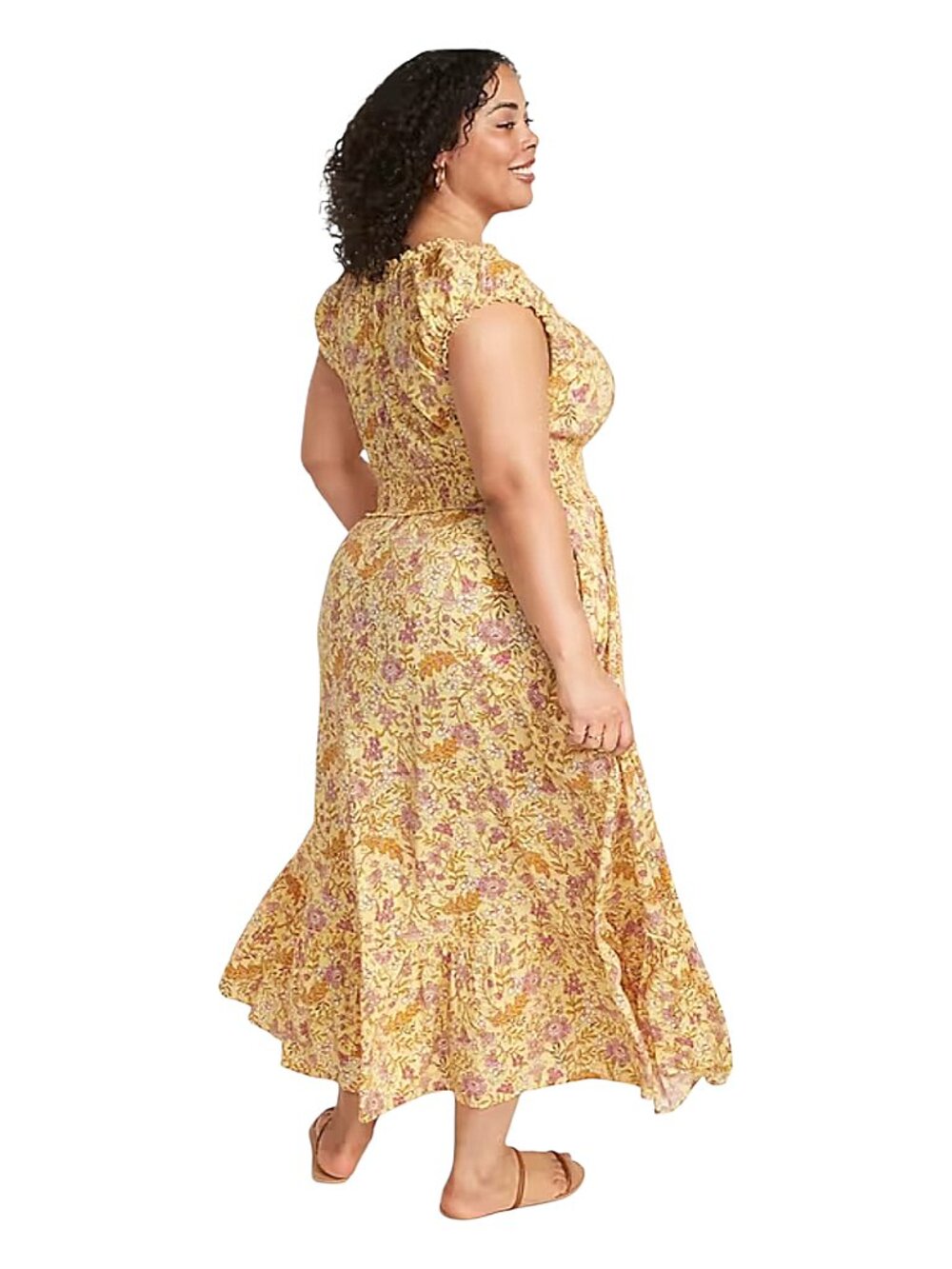 Old Navy Waist-Defined Short-Sleeve Printed Maxi Dress Yellow/Pink Floral XXL - Picture 2 of 10